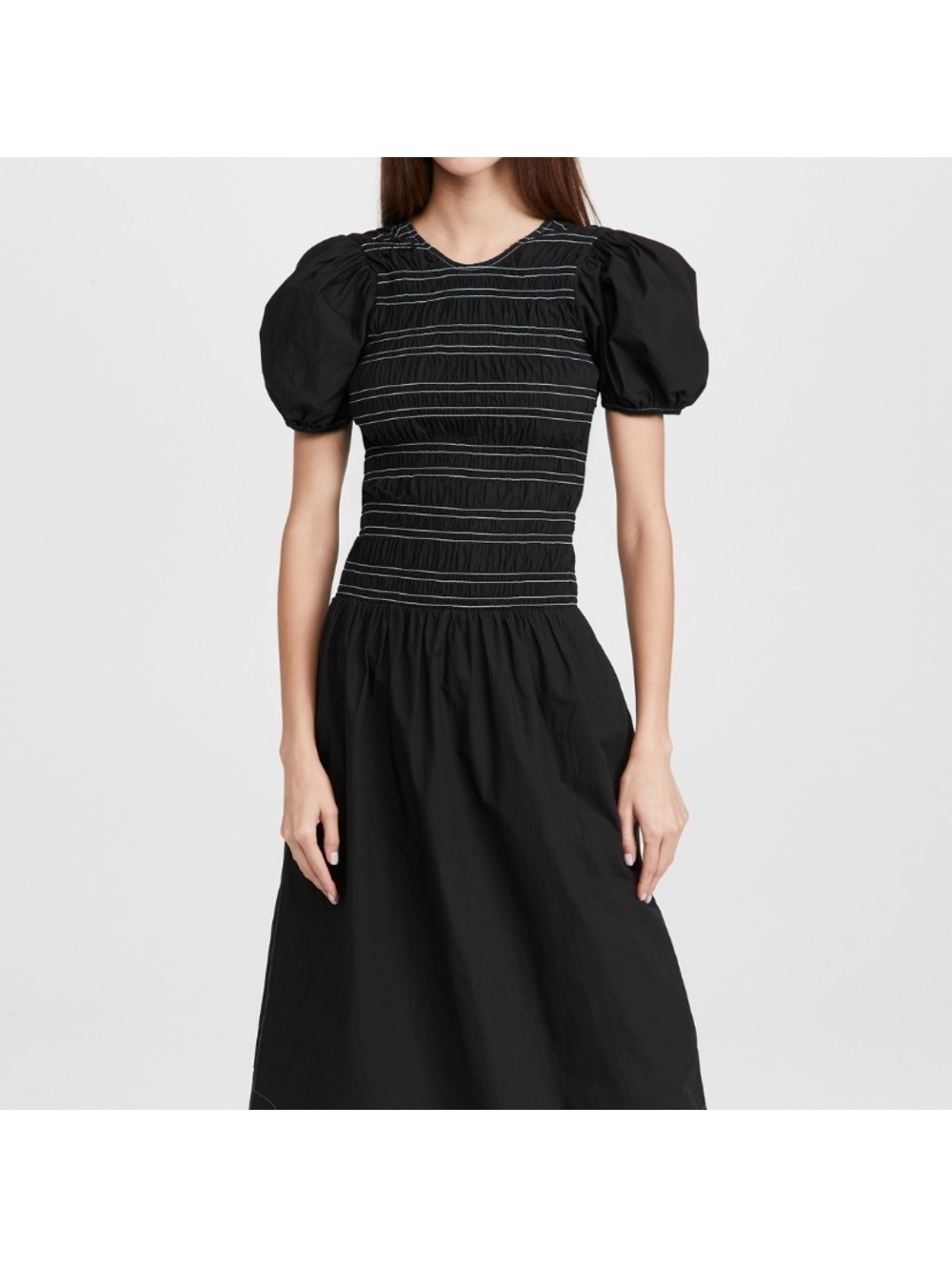 NWT GANNI Shirred Cotton Poplin Dress Black Size Medium EU 38